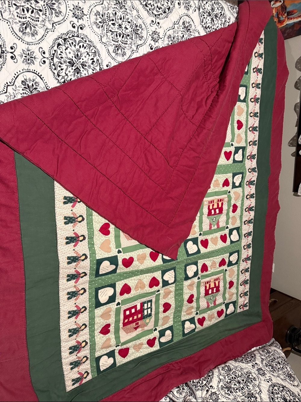 Handmade Green and Red Patchwork House Quilt by - Picture 3 of 4